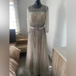 Strapless Sheer Beaded Gown in Cream